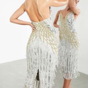 ASOS Sequined Fringe Slip Dress in Silver and Gold 20s midi dress
